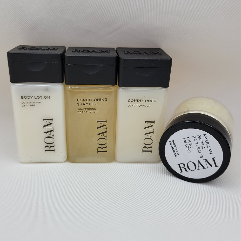 William Roam Premium Travel Set 1 oz Shampoo Conditioner Body Lotion Bath Salt